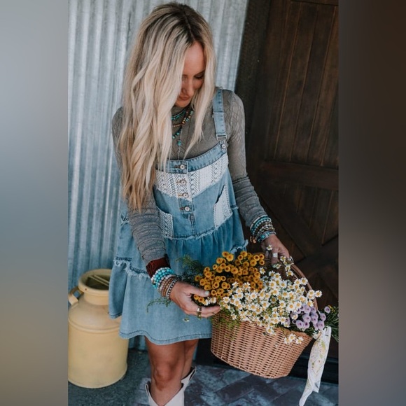 POL Denim Overall Dress Bohemian Frayed Details - Picture 7 of 10